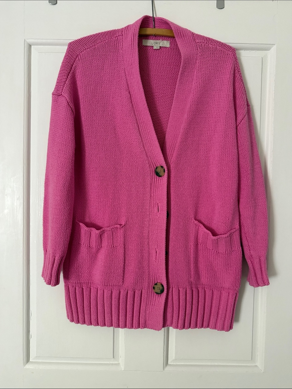 LOFT Pink Button-Front Chunky Knit Cardigan medium